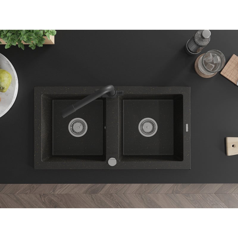 Mexen Mario zlewozmywak granitowy 2-komorowy z baterią kuchenną Duero, czarny/złoty metalik - 6504-75-671600-70