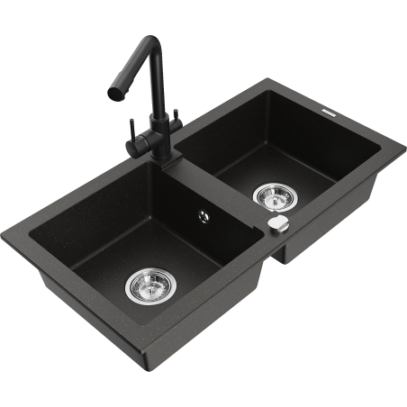 Mexen Mario zlewozmywak granitowy 2-komorowy z baterią kuchenną Duero, czarny/złoty metalik - 6504-75-671600-70