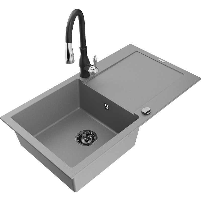 Mexen Leo zlewozmywak granitowy 1-komorowy z ociekaczem i baterią kuchenną Savita, szary - 6501-71-672601-70-B