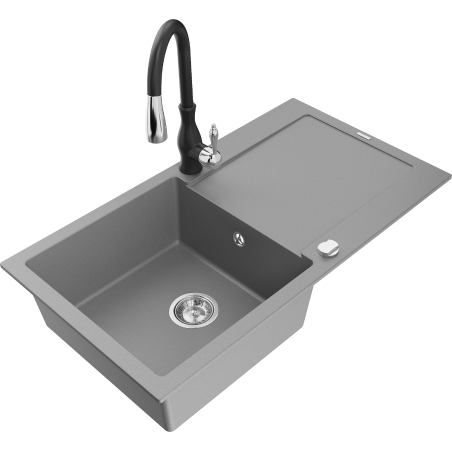 Mexen Leo zlewozmywak granitowy 1-komorowy z ociekaczem i baterią kuchenną Savita, szary - 6501-71-672601-70