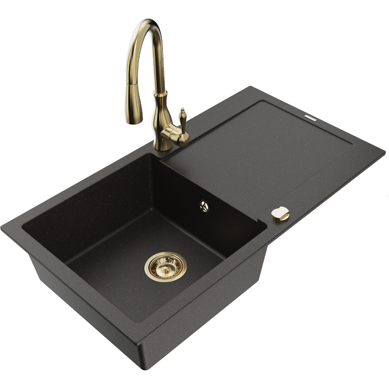 Mexen Leo zlewozmywak granitowy 1-komorowy z ociekaczem i baterią kuchenną Savita, czarny/złoty metalik - 6501-75-672601-50