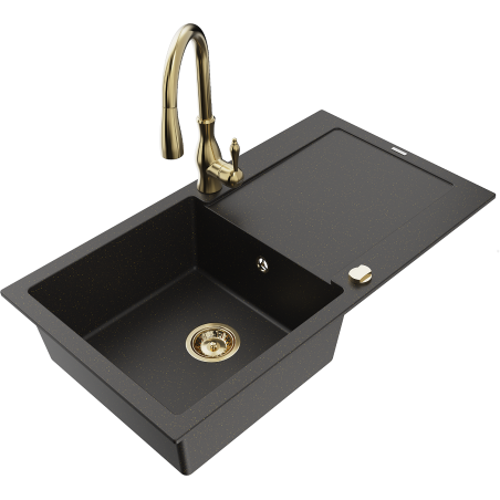 Mexen Leo zlewozmywak granitowy 1-komorowy z ociekaczem i baterią kuchenną Savita, czarny/złoty metalik - 6501-75-672601-50
