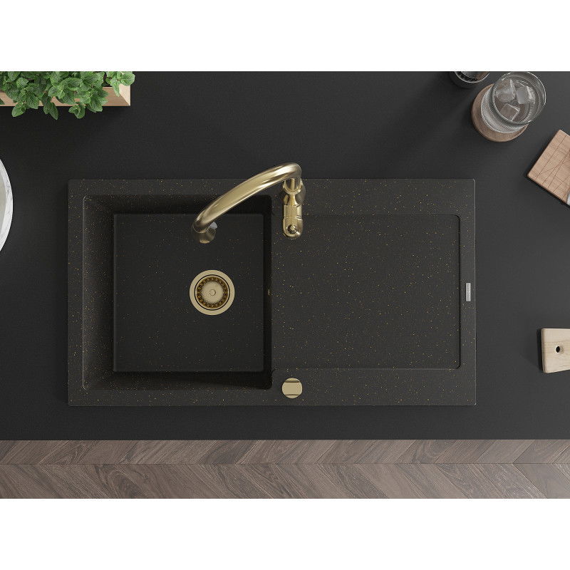 Mexen Leo zlewozmywak granitowy 1-komorowy z ociekaczem i baterią kuchenną Savita, czarny/złoty metalik - 6501-75-672601-50