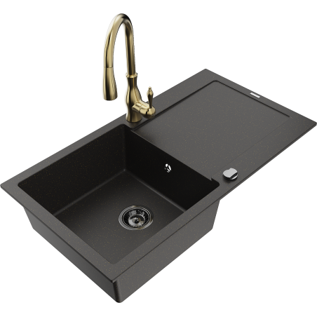 Mexen Leo zlewozmywak granitowy 1-komorowy z ociekaczem i baterią kuchenną Savita, czarny/złoty metalik - 6501-75-672601-50-B