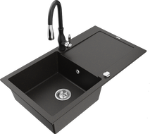 Mexen Leo zlewozmywak granitowy 1-komorowy z ociekaczem i baterią kuchenną Savita, czarny/złoty metalik - 6501-75-672601-70