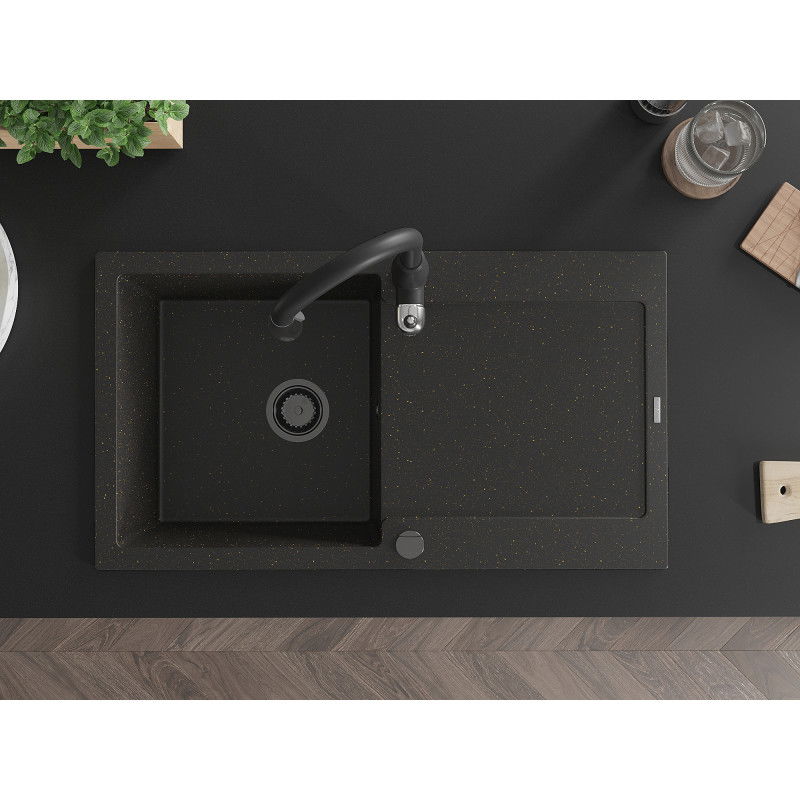 Mexen Leo zlewozmywak granitowy 1-komorowy z ociekaczem i baterią kuchenną Savita, czarny/złoty metalik - 6501-75-672601-70-B