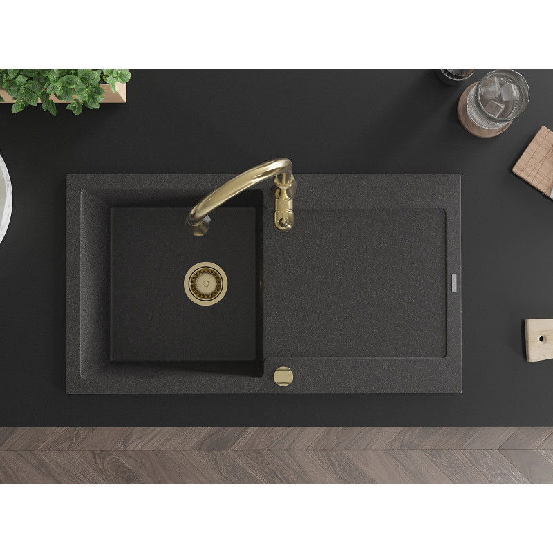 Mexen Leo zlewozmywak granitowy 1-komorowy z ociekaczem i baterią kuchenną Savita, czarny nakrapiany - 6501-76-672601-50