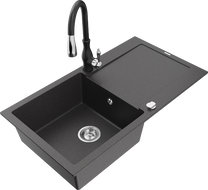 Mexen Leo zlewozmywak granitowy 1-komorowy z ociekaczem i baterią kuchenną Savita, czarny nakrapiany - 6501-76-672601-70