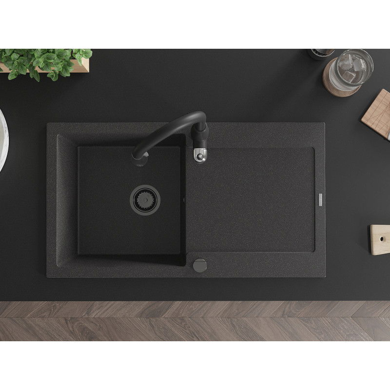 Mexen Leo zlewozmywak granitowy 1-komorowy z ociekaczem i baterią kuchenną Savita, czarny nakrapiany - 6501-76-672601-70-B