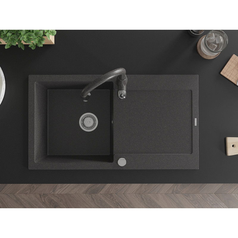 Mexen Leo zlewozmywak granitowy 1-komorowy z ociekaczem i baterią kuchenną Savita, czarny nakrapiany - 6501-76-672601-76