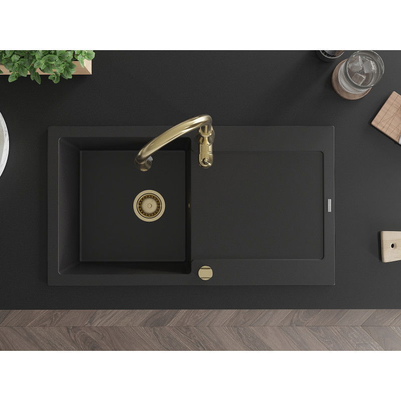 Mexen Leo zlewozmywak granitowy 1-komorowy z ociekaczem i baterią kuchenną Savita, czarny - 6501-77-672601-50