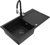 Mexen Leo zlewozmywak granitowy 1-komorowy z ociekaczem i baterią kuchenną Savita, czarny - 6501-77-672601-70-B