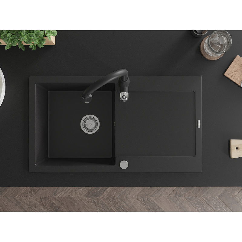 Mexen Leo zlewozmywak granitowy 1-komorowy z ociekaczem i baterią kuchenną Savita, czarny - 6501-77-672601-70