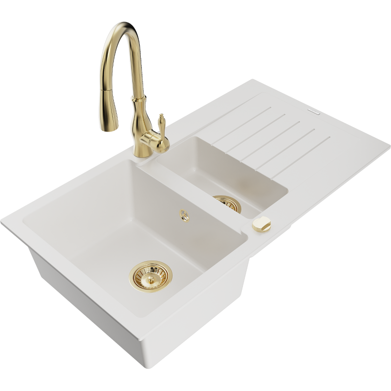 Mexen Matias zlewozmywak granitowy 1,5-komorowy z ociekaczem i baterią kuchenną Savita, biały - 6502-20-672601-50