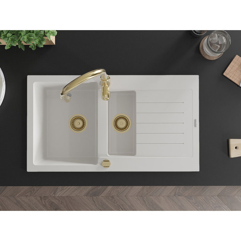 Mexen Matias zlewozmywak granitowy 1,5-komorowy z ociekaczem i baterią kuchenną Savita, biały - 6502-20-672601-50