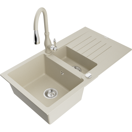Mexen Matias zlewozmywak granitowy 1,5-komorowy z ociekaczem i baterią kuchenną Savita, beżowy - 6502-69-672601-69