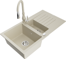 Mexen Matias zlewozmywak granitowy 1,5-komorowy z ociekaczem i baterią kuchenną Savita, beżowy - 6502-69-672601-69