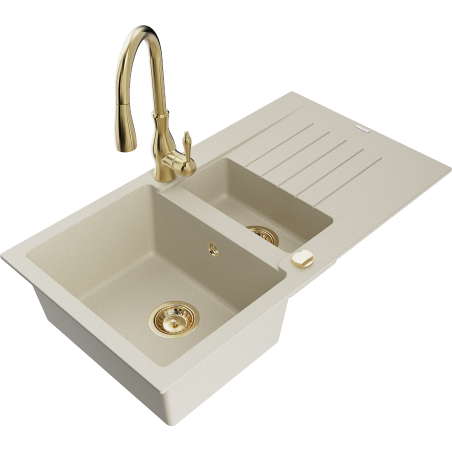 Mexen Matias zlewozmywak granitowy 1,5-komorowy z ociekaczem i baterią kuchenną Savita, beżowy - 6502-69-672601-50