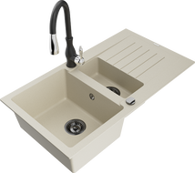 Mexen Matias zlewozmywak granitowy 1,5-komorowy z ociekaczem i baterią kuchenną Savita, beżowy - 6502-69-672601-70