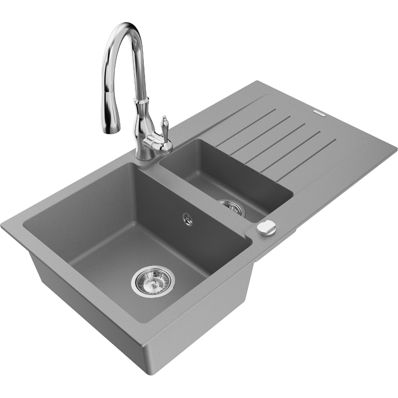 Mexen Matias zlewozmywak granitowy 1,5-komorowy z ociekaczem i baterią kuchenną Savita, szary - 6502-71-672601-00