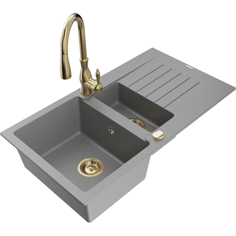 Mexen Matias zlewozmywak granitowy 1,5-komorowy z ociekaczem i baterią kuchenną Savita, szary - 6502-71-672601-50