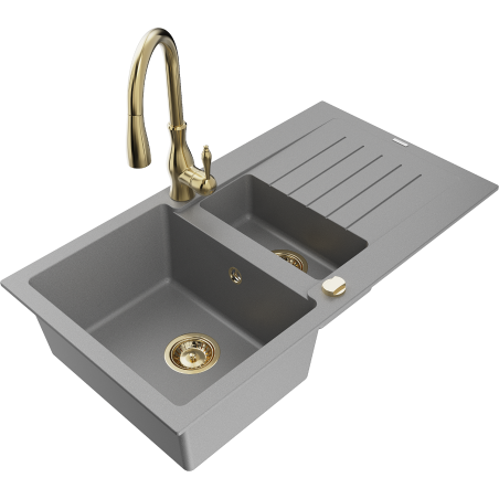 Mexen Matias zlewozmywak granitowy 1,5-komorowy z ociekaczem i baterią kuchenną Savita, szary - 6502-71-672601-50