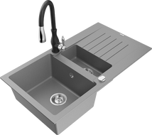 Mexen Matias zlewozmywak granitowy 1,5-komorowy z ociekaczem i baterią kuchenną Savita, szary - 6502-71-672601-70