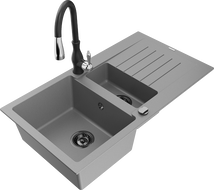Mexen Matias zlewozmywak granitowy 1,5-komorowy z ociekaczem i baterią kuchenną Savita, szary - 6502-71-672601-70-B