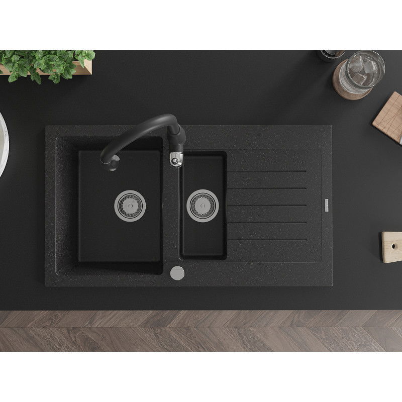 Mexen Matias zlewozmywak granitowy 1,5-komorowy z ociekaczem i baterią kuchenną Savita, czarny/srebrny - 6502-73-672601-70