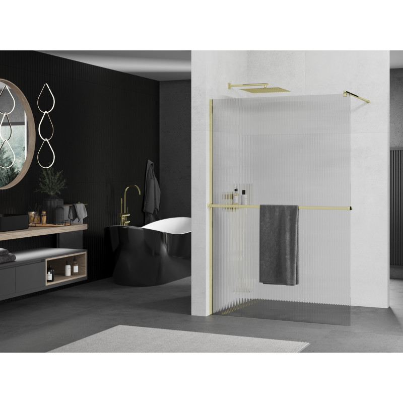 Mexen Kioto+ ścianka prysznicowa z półką Walk-in 80 x 200 cm, prążki, złota - 800-080-121-50-09
