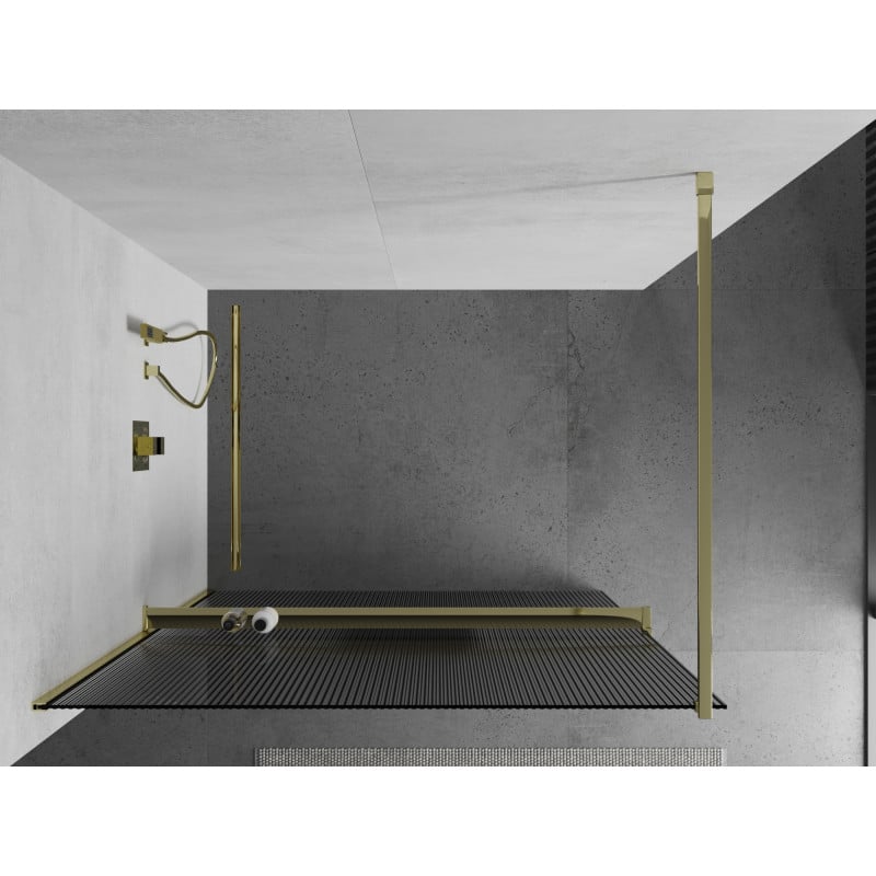 Mexen Kioto+ ścianka prysznicowa z półką Walk-in 110 x 200 cm, prążki, złota - 800-110-121-50-09