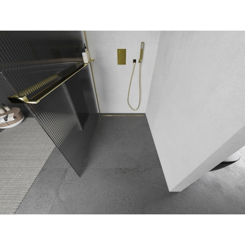 Mexen Kioto+ ścianka prysznicowa z półką Walk-in 140 x 200 cm, prążki, złota - 800-140-121-50-09
