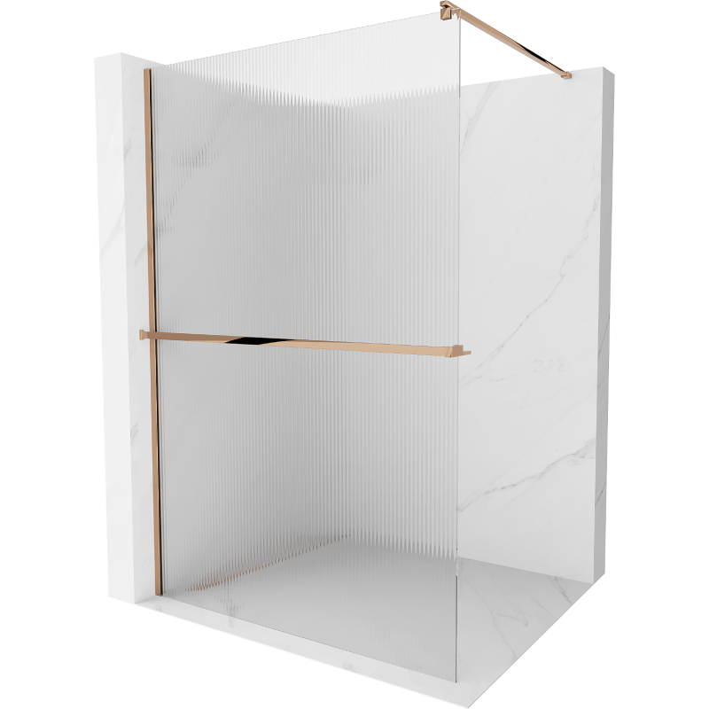Mexen Kioto+ ścianka prysznicowa z półką Walk-in 130 x 200 cm, prążki, różowe złoto - 800-130-121-60-09