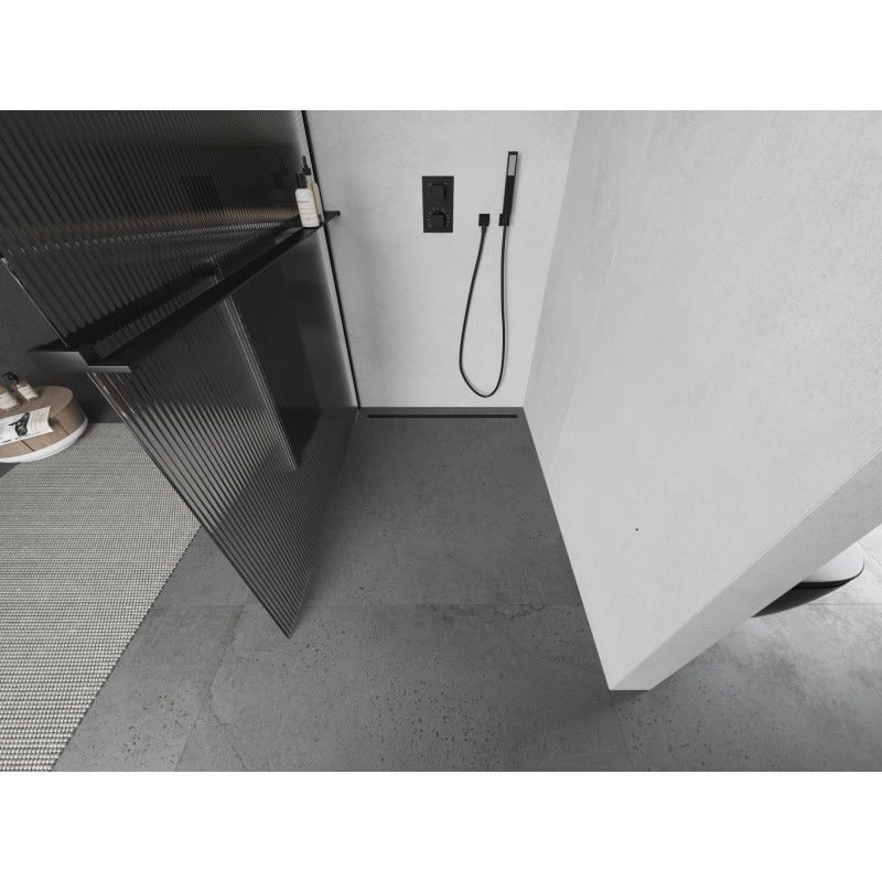 Mexen Kioto+ ścianka prysznicowa z półką Walk-in 90 x 200 cm, prążki, czarna - 800-090-121-70-09