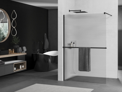 Mexen Kioto+ ścianka prysznicowa z półką Walk-in 90 x 200 cm, prążki, czarna - 800-090-121-70-09