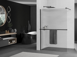 Mexen Kioto+ ścianka prysznicowa z półką Walk-in 130 x 200 cm, prążki, czarna - 800-130-121-70-09