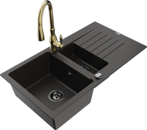 Mexen Matias zlewozmywak granitowy 1,5-komorowy z ociekaczem i baterią kuchenną Savita, czarny/złoty - 6502-75-672601-50-B