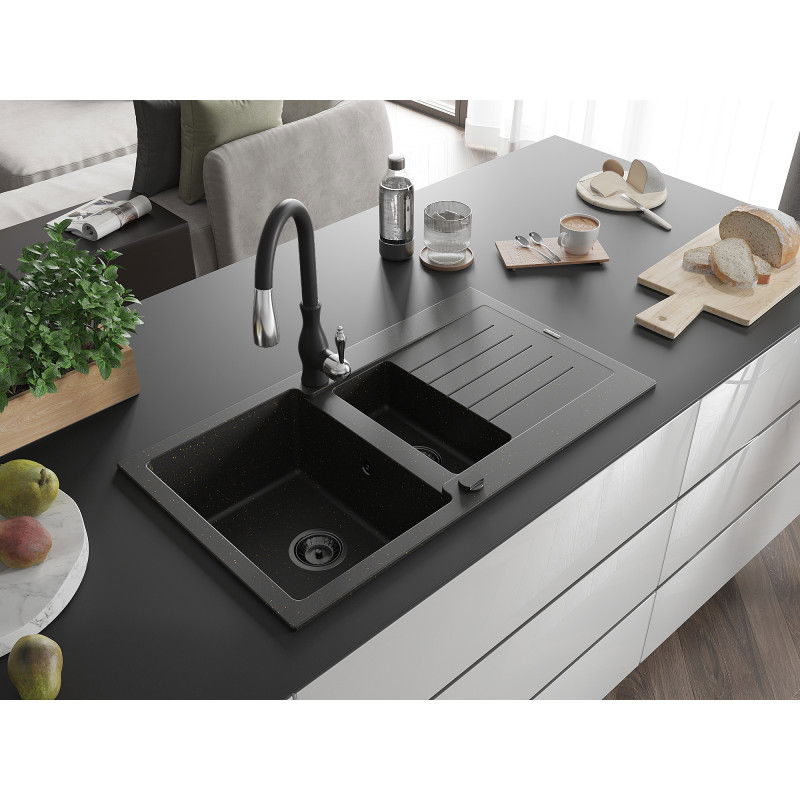 Mexen Matias zlewozmywak granitowy 1,5-komorowy z ociekaczem i baterią kuchenną Savita, czarny/złoty - 6502-75-672601-70-B