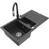 Mexen Matias zlewozmywak granitowy 1,5-komorowy z ociekaczem i baterią kuchenną Savita, czarny nakrapiany - 6502-76-672601-70