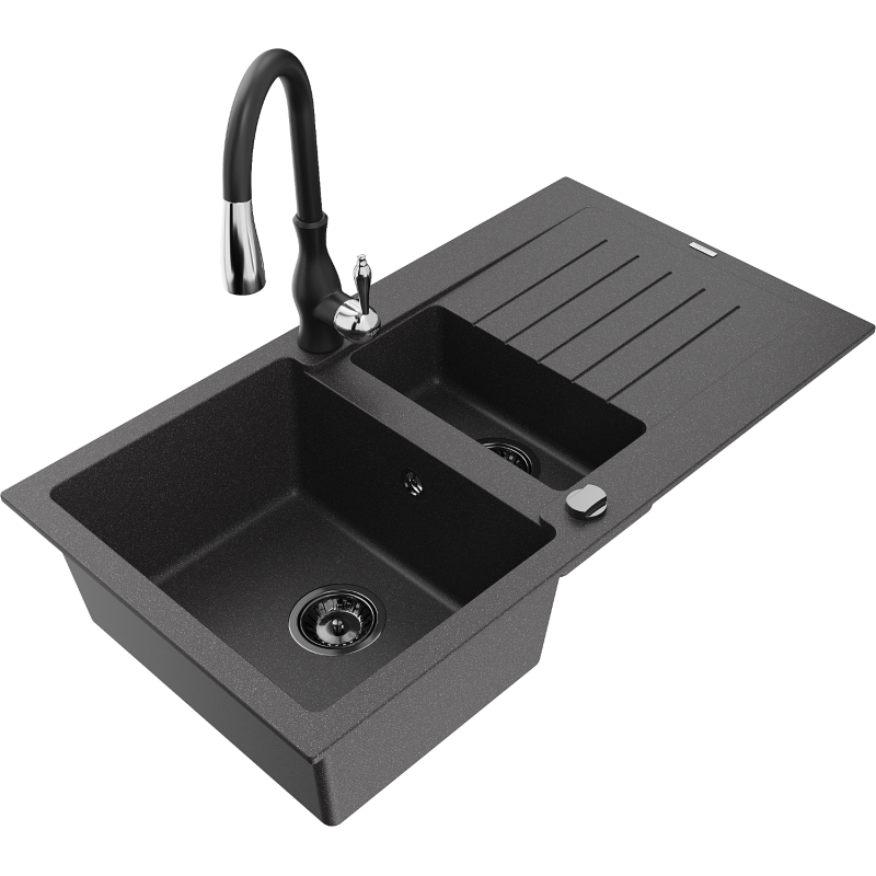 Mexen Matias zlewozmywak granitowy 1,5-komorowy z ociekaczem i baterią kuchenną Savita, czarny nakrapiany - 6502-76-672601-70-B