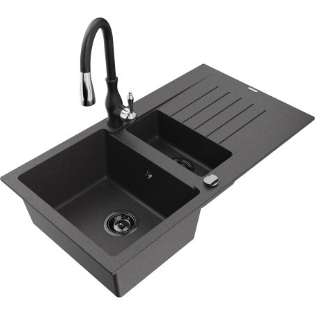 Mexen Matias zlewozmywak granitowy 1,5-komorowy z ociekaczem i baterią kuchenną Savita, czarny nakrapiany - 6502-76-672601-70-B
