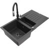 Mexen Matias zlewozmywak granitowy 1,5-komorowy z ociekaczem i baterią kuchenną Savita, czarny nakrapiany - 6502-76-672601-70-B