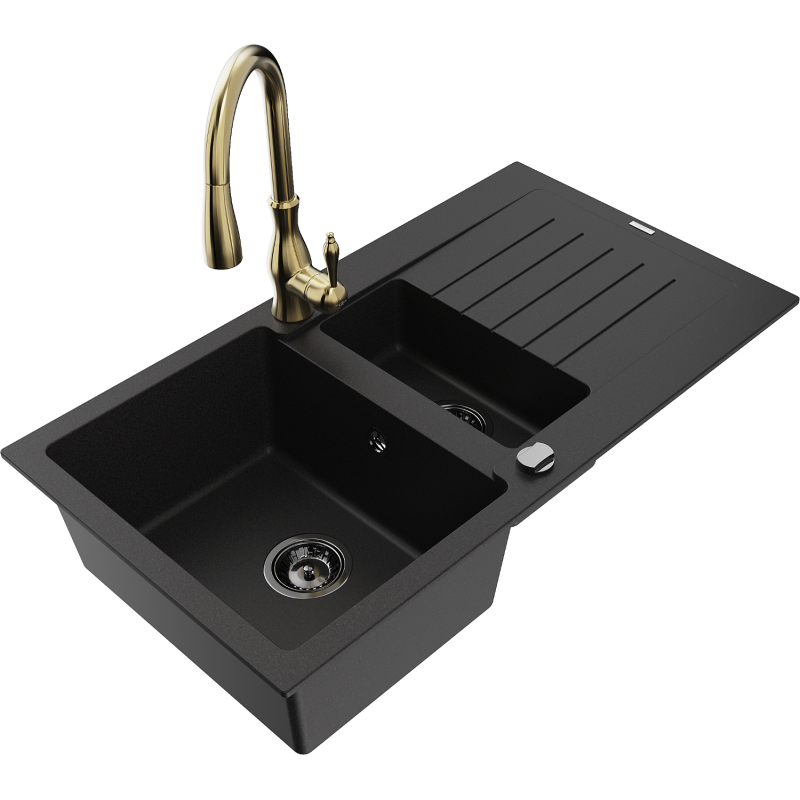 Mexen Matias zlewozmywak granitowy 1,5-komorowy z ociekaczem i baterią kuchenną Savita, czarny - 6502-77-672601-50-B