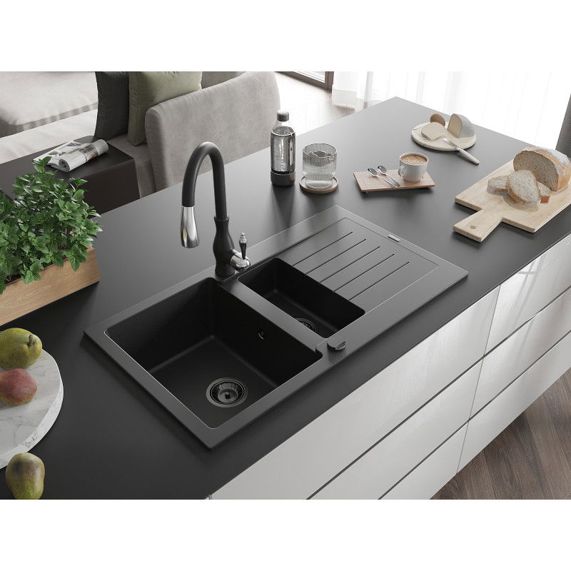 Mexen Matias zlewozmywak granitowy 1,5-komorowy z ociekaczem i baterią kuchenną Savita, czarny - 6502-77-672601-70-B