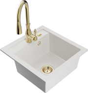 Mexen Vito zlewozmywak granitowy 1-komorowy z baterią kuchenną Savita, biały - 6503-20-672601-50