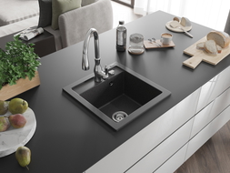 Mexen Vito zlewozmywak granitowy 1-komorowy z baterią kuchenną Savita, czarny nakrapiany - 6503-76-672601-00