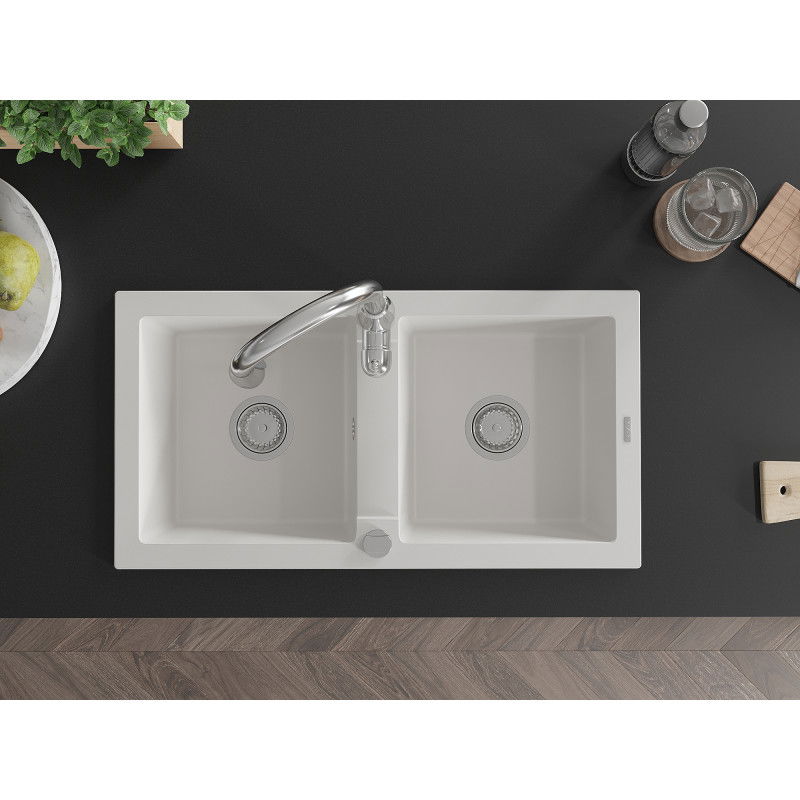 Mexen Mario zlewozmywak granitowy 2-komorowy z baterią kuchenną Savita, biały - 6504-20-672601-00