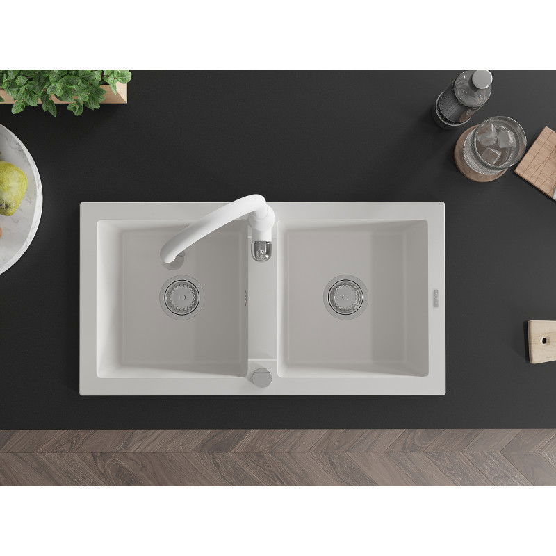 Mexen Mario zlewozmywak granitowy 2-komorowy z baterią kuchenną Savita, biały - 6504-20-672601-20