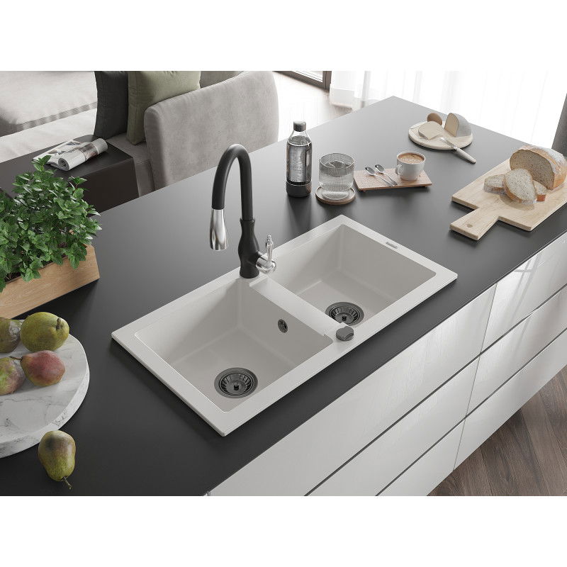 Mexen Mario zlewozmywak granitowy 2-komorowy z baterią kuchenną Savita, biały - 6504-20-672601-70