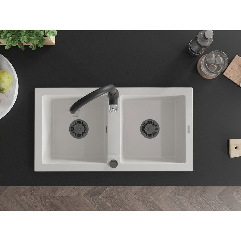 Mexen Mario zlewozmywak granitowy 2-komorowy z baterią kuchenną Savita, biały - 6504-20-672601-70